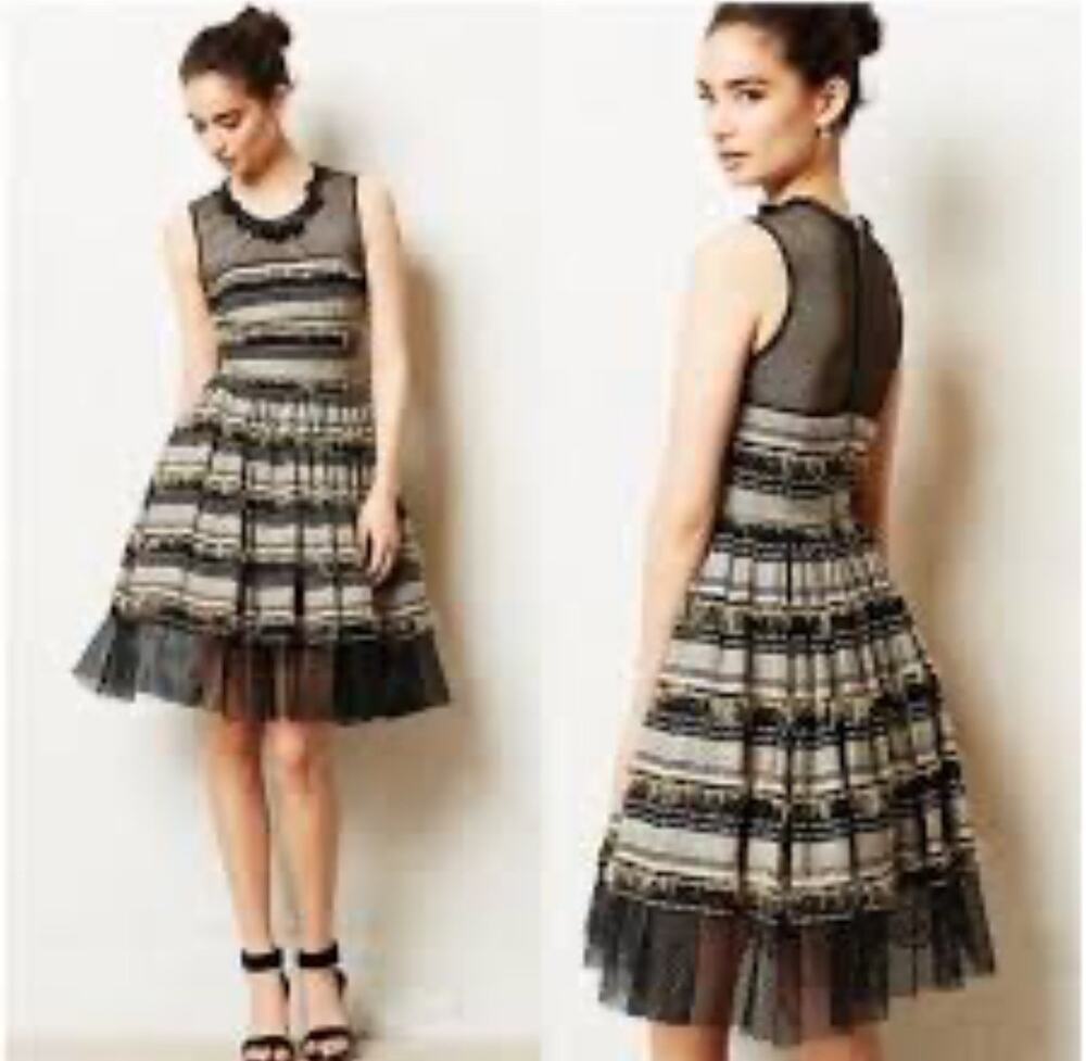Tracy Reese Anthropologie Coco Black Perforated Striped Cocktail Dress 6